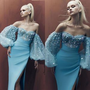 Glamoureuze prom-jurken Mermaid Sweetheart van de schouder zachte satijnen tule mouwen met bloemen-applicants gesplitste ritsjurk jurk formele jurken feestkleding