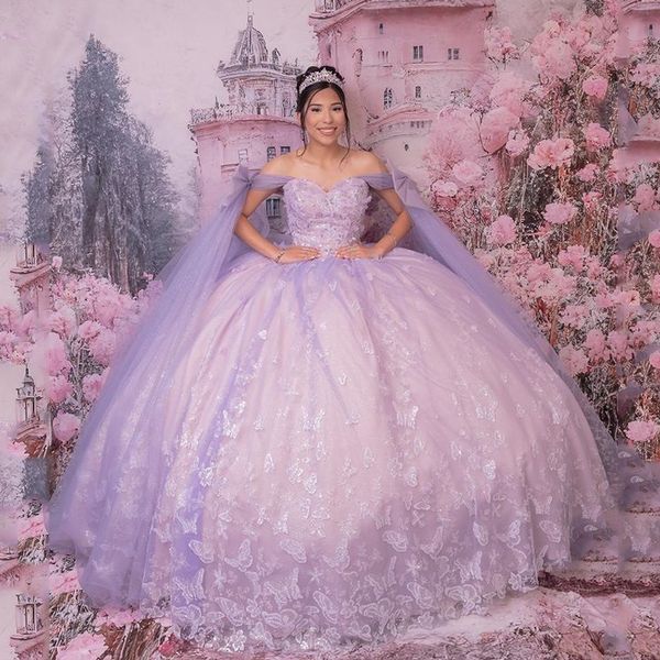 Glamorous Purple Sweetheart Quinceanera vestidos apliques arco con capa vestido De fiesta Meninas De 15 Anos princesa chica vestido De fiesta