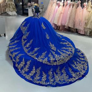 Glamoureuze Quinceanera -jurken Gold Appliques Pargin Sweet Prom Dress Wide Strap Royal Blue Mexican Vestidos de 15 Anos