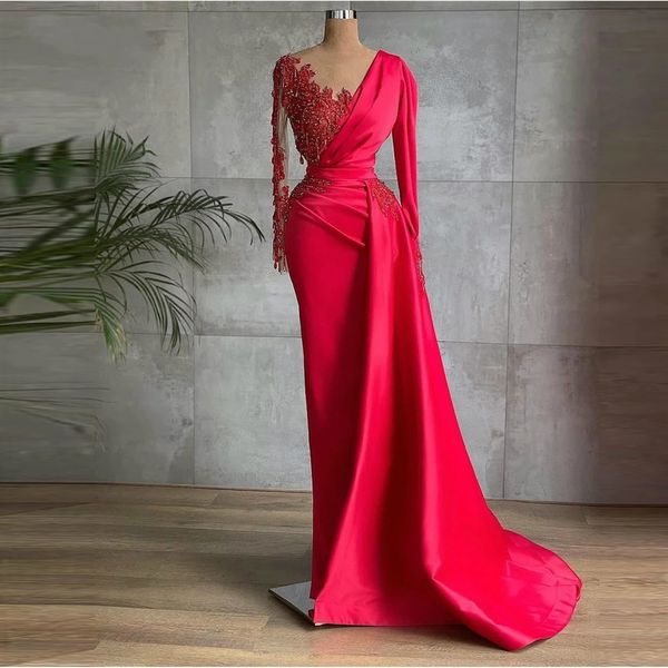 Robe de soirée sirène en Satin rouge glamour, manches longues, col transparent, perles, dubaï, robes de bal pour femmes, robe formelle de célébrité