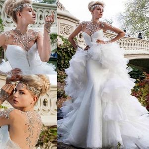 Rhinestones glamorosos con cuentas vestidos de novia 2016 Sheer High Illusion de cuello alto de manga larga sirena vestidos de novia con tren desmontable Vestidos