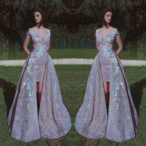 Glamoureuze korte mouwen avondjurken sexy open scoop-hals prom jurk met over-rok kleurrijke borduurwerk geappliceerd kant prom jurken