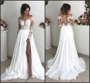 Glamour Summer Lace Mariffon Bohemian Robes de mariée pure manches longues robes nuptiales Appliques de cou de bijou d'illusion avec boutons BC0012