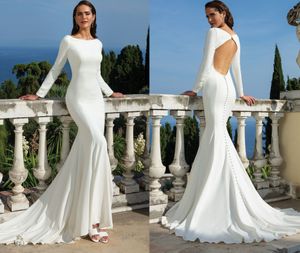 Glamoureuze witte satijnen trouwjurk plus size lange mouwen backhole eenvoudige ritssluiting met knoppen mermiade bruidsjurken