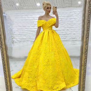 Robes de soirée glamour en dentelle jaune, manches courtes, épaules dénudées, longues robes de bal, ligne A, balayage pour occasions spéciales, robe de soirée