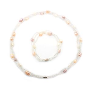 Glamour regalo de perlas de moda conjunto de joyas de perlas naturales de agua dulce hebilla magnética collar de perlas de cristal y pulsera al por mayor