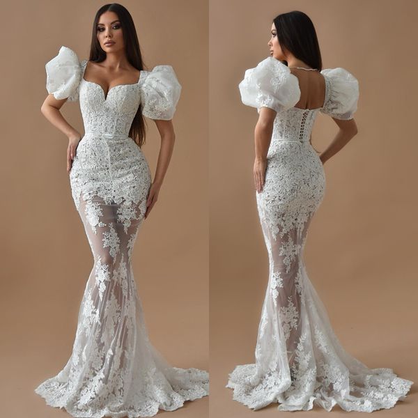 Glamourous Lace Sirena Vestidos de novia Puffy Mangas cortas Apliques de encaje Vestido de novia Sweep Train Lace Up Back robe de mariee vestidos de novia