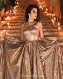 Glaring 2020 Goud Lange Prom Dresses Met Zakken Sparkle Vestaglia Donna Sweetheart Formal Toga Vloer Lengte Avondjurken Plus