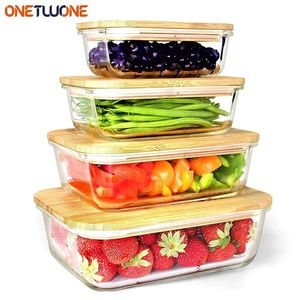 Glazen bamboe deksels maaltijd prep containers voedsel opslag pantry keuken koelkast kast organisator lunchbox magnetron oven 231221