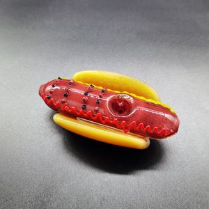 Glazen bong grappige hotdog hand pijp 4.0inchs tabak lepel handgemaakte rokende pijpen gele rode kleur droge kruid olie brander hotdog vorm