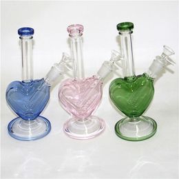 Roze paars blauw groen kleuren hart vorm glazen bong olielijmen waterpijpen water waterpijpen dab rigs met glazen downsysteem 14 mm mannelijke kom