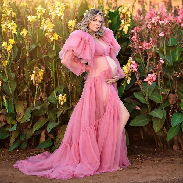 Robe de soirée en Tulle rose, manches courtes bouffantes, Sexy, à volants, à plusieurs niveaux, grande taille, Robes de soirée, séance Photo