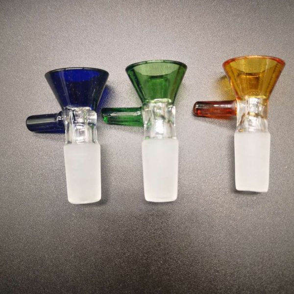 Tazones de vidrio Tazón masculino de 14 mm Accesorios para fumar Mango de varilla redonda Juntas de filtro para pipa de agua Bong Hookah 3 colores