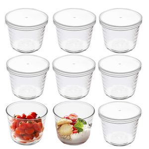 Glazen kommen met plastic deksels Heldere puddingbekers Fruitschaal Glazen containers voor salade Dessert Snacks Vriezer Voedselopslagkommen
