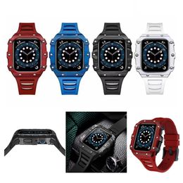 Glas Koolstofvezel Smeden Proces Mod Kit Case Polsband Armband Band Strap Bands Cover Fit Horlogeband voor Apple Watch Series 4 5 6 7 8 SE iWatch 42/45mm 40/41mm