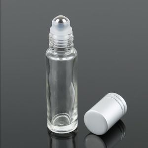 Bouteilles à roulettes en verre transparent pour huiles essentielles rechargeables de 10 ml, bouteilles d'huiles essentielles de parfum avec rouleau en acier inoxydable et argent Siqo