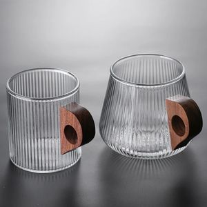 Glazen koffiemok Glazen beker in Japanse stijl met houten handvat Verticale strepen Thee Melkbeker Thuiskantoor Drinkgerei Biermok Cadeau 240124