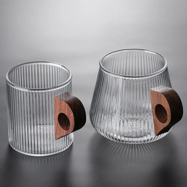 Tasse à café en verre tasse en verre de style japonais avec poignée en bois rayures verticales thé tasse à lait bureau à domicile Drinkware tasse à bière cadeau 240124