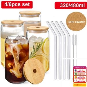 Bicchiere di vetro con coperchio in bambù e cannuccia Bubble Tea Cup Bicchieri Tazze Trasparente Birra Lattina Caffè Freddo Vino Cola 320ml480ml 46pc 220714