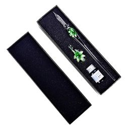 Caneta de mergulho de vidro com assinatura de tinta de cristal falso dentro da flor para escrever arte decoração presente 254K