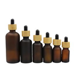 Flacon compte-gouttes en verre couvercle en bois de bambou Portable vide givre brun flacons d'huile essentielle conteneur rechargeable emballage cosmétique