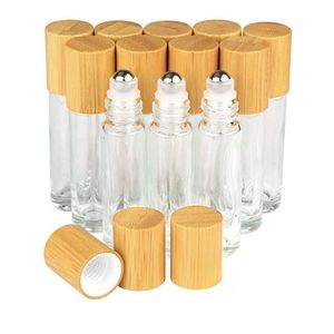 Bouteilles à rouler en verre d'huile essentielle avec billes à roulettes en acier inoxydable et couvercle en bambou, bouteille d'échantillon de parfum transparente rechargeable Imxuq
