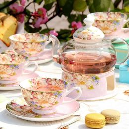 Service à thé à fleurs en verre, style européen, théière bouillie, tasse à thé noir en céramique, après-midi complet, peut être chauffé, 240325