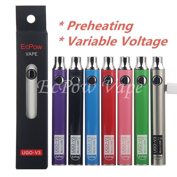 2PCS Ecpow UGO V3 V II 510 Fil Batterie Tension Variable Micro USB Rechargeable EGO Vape Pen 650 900 mAh Evod VV Préchauffer PassthroughCharger