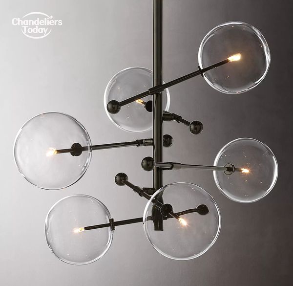 Lustres mobiles à Six bras en forme de Globe de verre, lampes suspendues modernes en laiton noir pour salon, salle à manger, chambre à coucher