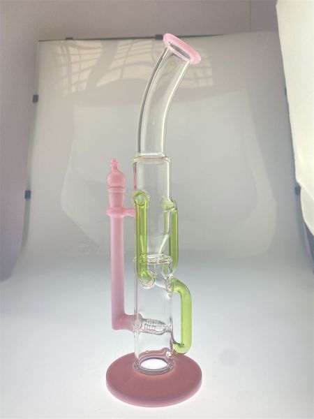 Cachimba de vidrio de 16 pulgadas, cuello doblado, rosa sólido, agregar bong verde, reciclar, pipa de fumar conjunta hembra de 14 mm, plataforma petrolera, salida de fábrica