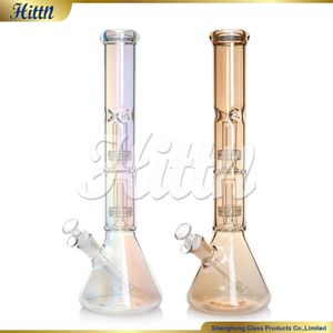 Boscushs en verre 16 pouces de bécher Bongs Holographie arc-en-ciel champagne double piste de douche Percolateur à eau pipe de brûleur d'huile de bang avec joint de 14 mm