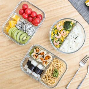 Boîte à lunch en verre pour bureau enfants étudiants conteneurs de préparation de repas micro-ondes Bento avec compartiment alimentaire Eco stockage étanche 211104