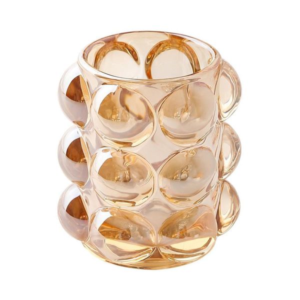 Soporte de cristal para brochas de maquillaje, organizador de escritorio con cuentas de burbujas decorativas, bolígrafo, taza para lápices, tarro de vela para oficina en casa, gris ámbar transparente