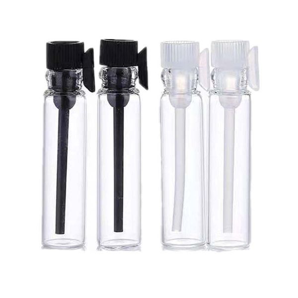 Botellas de perfume de vidrio 1 ml 2 ml 3 ml Aceite esencial Tubos de ensayo de muestra vacíos Viales con tapón de plástico blanco negro Fragancia líquida Envase cosmético Botella de prueba