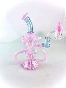 tuyaux en verre recycleur fumant narguilé à pipe avec des accents de lignes roses et blanches et poussière d'étoile bleue 14 mm magnifiquement conçu bienvenue à la commande avec bulle banger ensemble