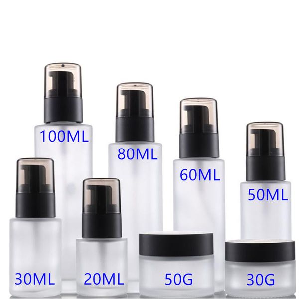 Bouteilles de lotion de presse en verre 30g 50g 20ml 30ml 50ml 60ml 80ml 100ml Pots de crème givrés avec couvercles noirs