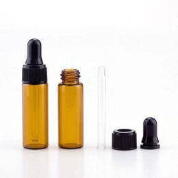 Glazen monsterflesjes 5 ml mini-amberkleurige glazen druppelflesje met zwarte dop voor parfum E-vloeistof