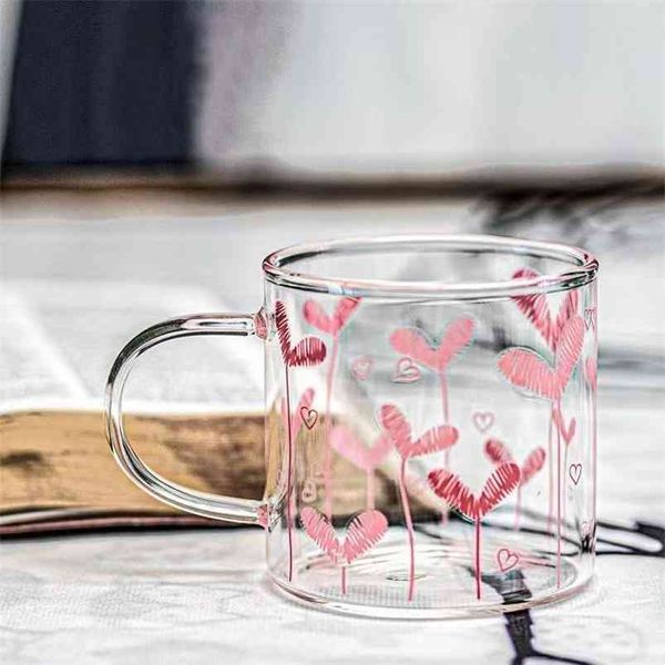 Verre simple fille coeur or en forme de coeur tasse motif haute teneur en bore silicone résistant à la chaleur poignée verre jus tasse tasse à café 210804