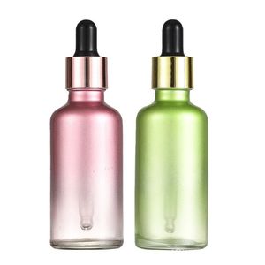 Flacons compte-gouttes de sérum de soins de la peau en verre 50ml flacon compte-gouttes pour les yeux vert rose dégradé aromathérapie contenants de produits de beauté