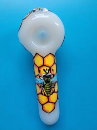 Glasrookolie branders Hookah Bong Tabak Crafts Water Pijpen Dab Rig Catcher 6 "Hand Painting Bees Style 3D Glass Lepel