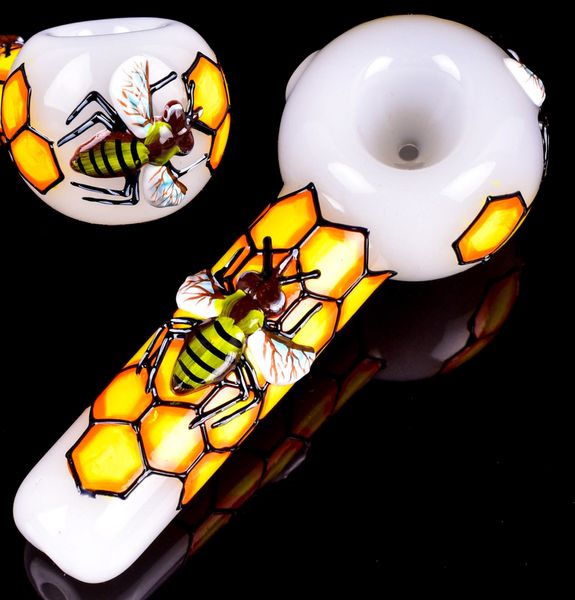 Pipa de vidrio para fumar Heavy Tabocco Hand Pipes Honeycomb Bee Pintura a mano Cuchara de hierba hecha a mano Tazón