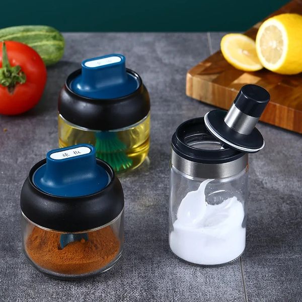 Pot de rangement d'épices en verre pour poivre de sucre salé et poudre avec cuillère Bouteille de rangement de sel d'assaisonnement en plastique - fournitures de cuisine transparente