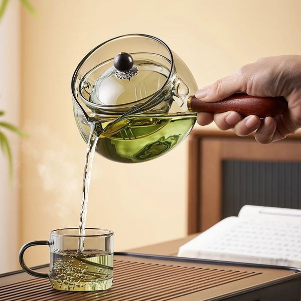 Théière en verre avec manche en bois, cérémonie du thé chinois, thé pur Kung Fu, service à thé Transparent, bouilloire en verre à poignée latérale 240315