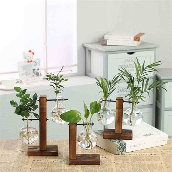 Vase en verre Petit aquarium en verre planteur ampoule vase bureau plante terrarium avec support en bois décoration de la maison dropship entier 2104215H