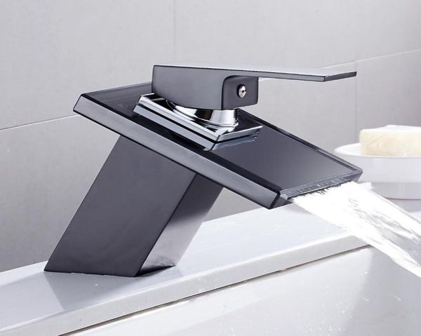 Grifo de lavabo de cascada de vidrio para baño, grifo mezclador de lavabo cuadrado con montaje en cubierta negra, grifo de baño 8288512