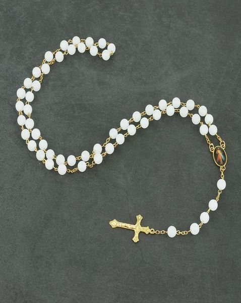 Verre Blanc Vierge Marie Jésus Miséricorde Chapelet Pendentif Collier Notre-Dame de Grâce Guadalupe Collier Femmes Prière Catholique Bijoux2652386