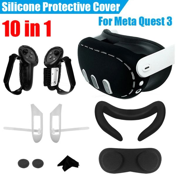 Lunettes 10in1 Couvercle de contrôleur en silicone pour Meta Quest 3 VR Headsed Grip Protector avec batterie Protection Face Cover Rocker Cap