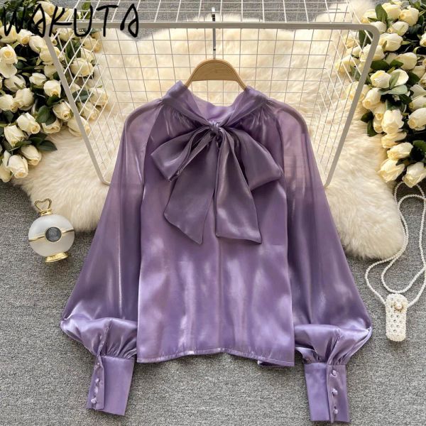 Lunettes Wakuta Mesh Tempérament Blouses en soie longue lanterne Sleeve Transparent Purple Abricot Bowknot Ribbon Spring Shirts Elegant