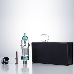 Glassvape666 NC033 Glazen Bong Kleurrijke Morsbestendige Dab Rig Pijp Geschenkdoos 510 Keramisch Kwarts Titanium Nagelwas Schotel Siliconen Pot OD 32mm Arm Boom Perc Bongs