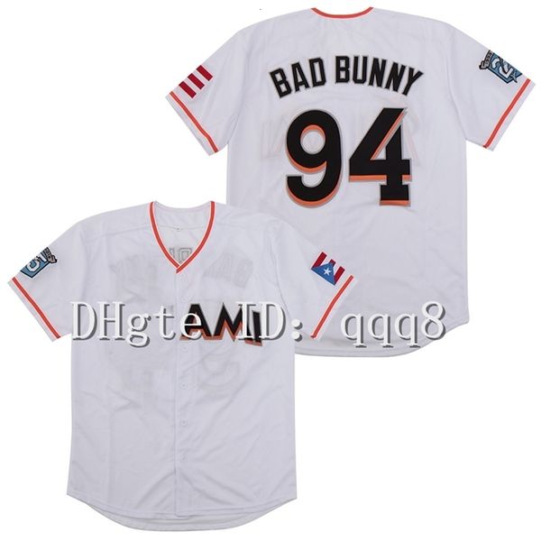 GlaTop Quality 1 Maillot de baseball Maimi Bad Bunny Blanc avec drapeau de Porto Rico Chemise entièrement cousue Taille S-4XL